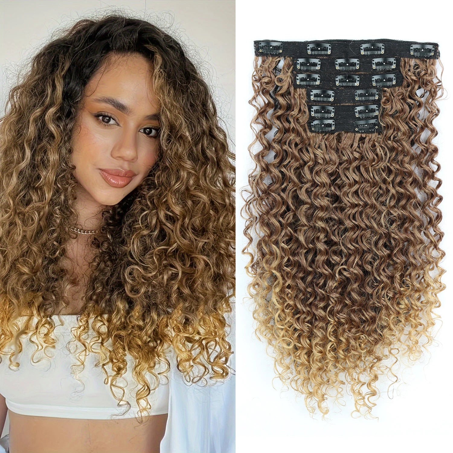 Synthetic Kinky Curly 16 Clip In Hair Extensions Full Head Fake Pieces Black Brown Hair Extensions Suitable For Women To Wear