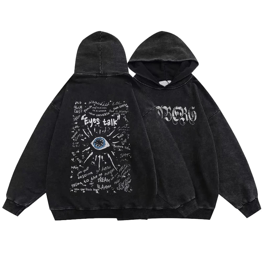 Gothic Style Hoodies Vintage Washed Letter Cross Y2K Sweatshirts Hip Hop Streetwear Long Sleeve Pullover Oversized Harajuku Tops