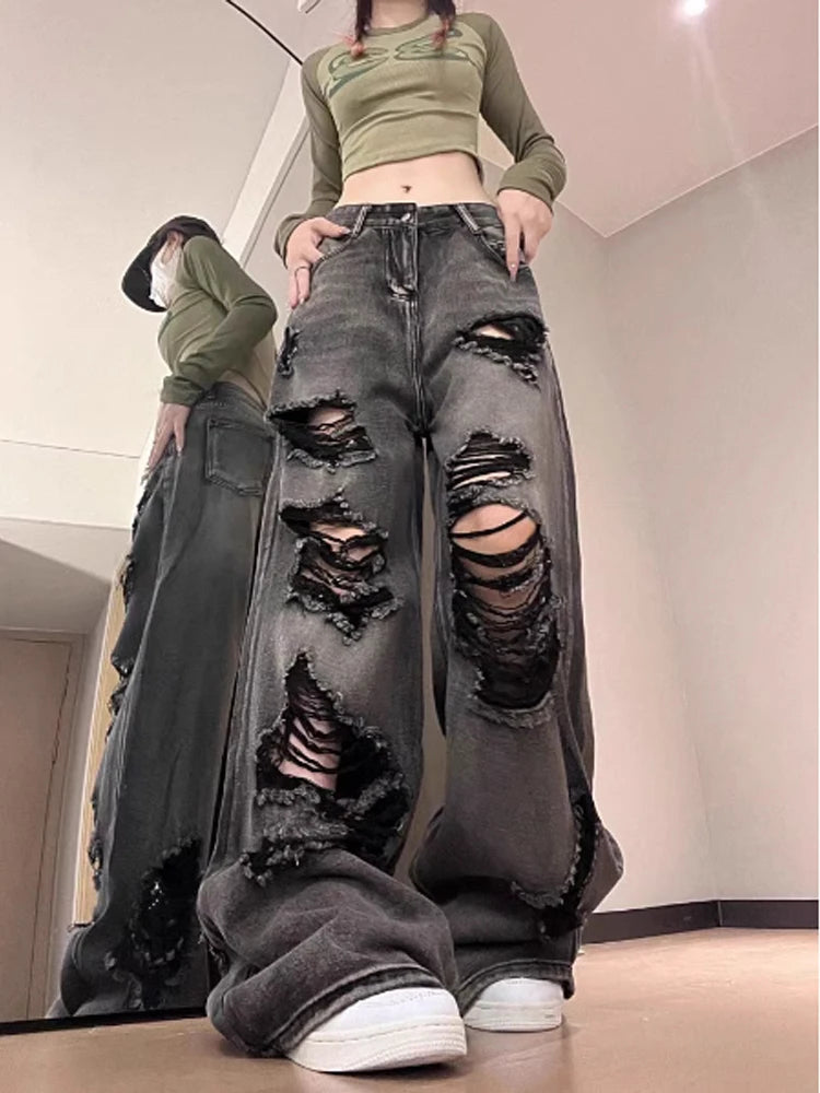 Women's Ripped Jeans Baggy Vintage Aesthetic Streetwear Cowboy Pants Harajuku Oversize Denim Trousers Y2k 2000s Trashy Clothes