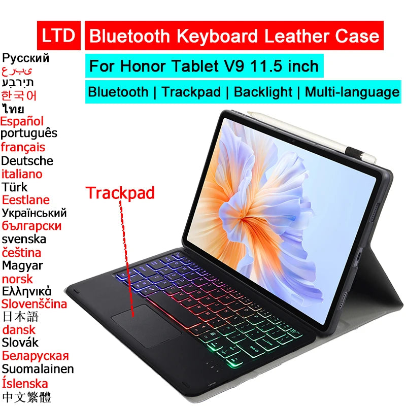 Bluetooth Keyboard Case For Honor Pad V9 GT 11.5 2025 Pad 10 Pro 11.5 inch Tablet Case Russian Arabic Hebrew Spanish Keyboard