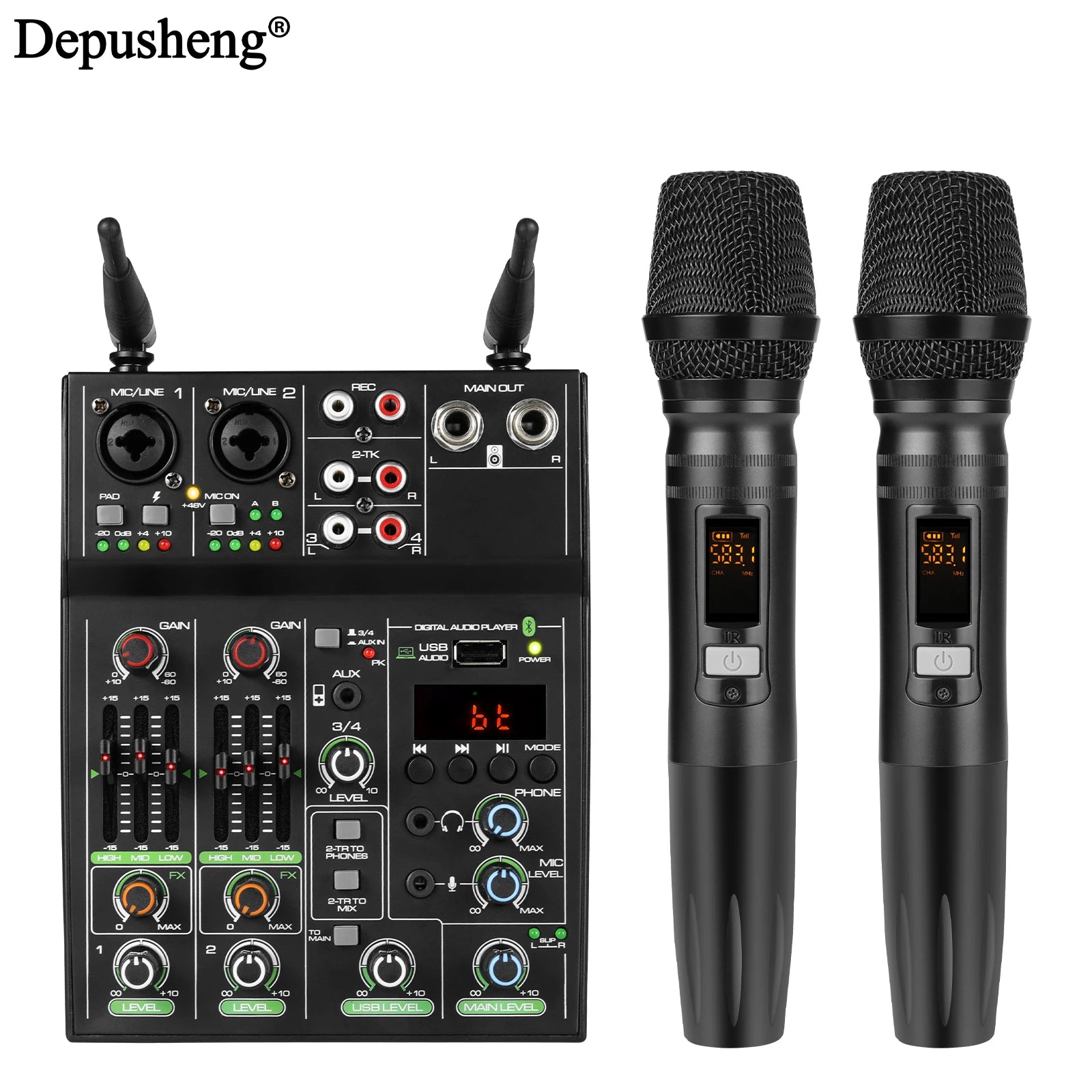 Audio Mixer 4 Channel High Power Amplifie Sound mixing with Microphone Depusheng UF4-M Digital Board Console for Karaoke Stage