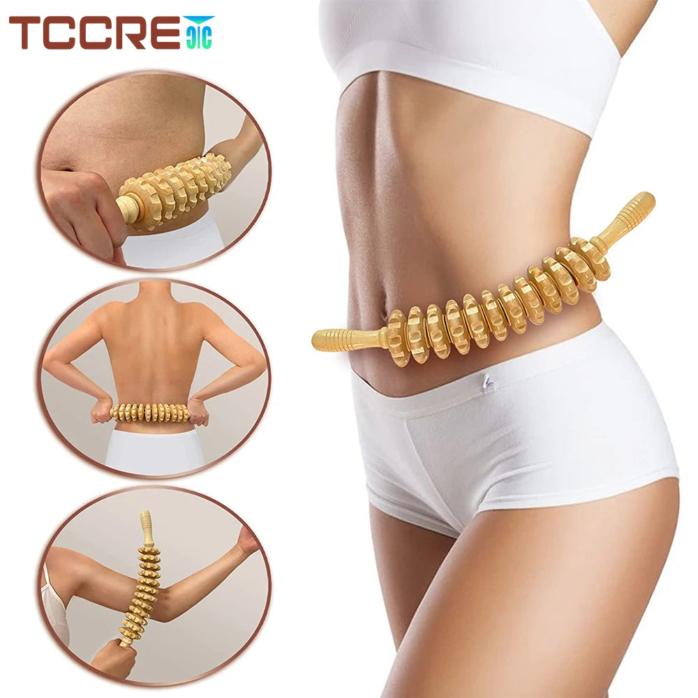 Body Fascia Massager Anti-slip Handle Wood Grooved Gear Arms Legs Thighs Buttocks Smooth Roller Massager for Back Relaxation