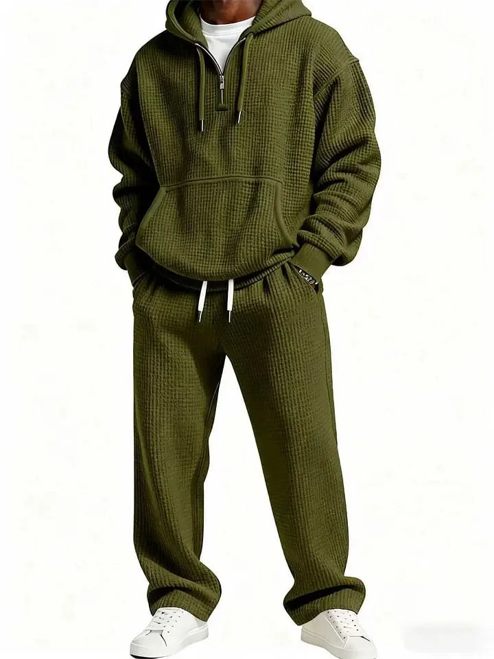 Autumn and Winter Waffle Hooded Sweatshirt Sweatpants Set 3D Printed Casual Sports Suit Men