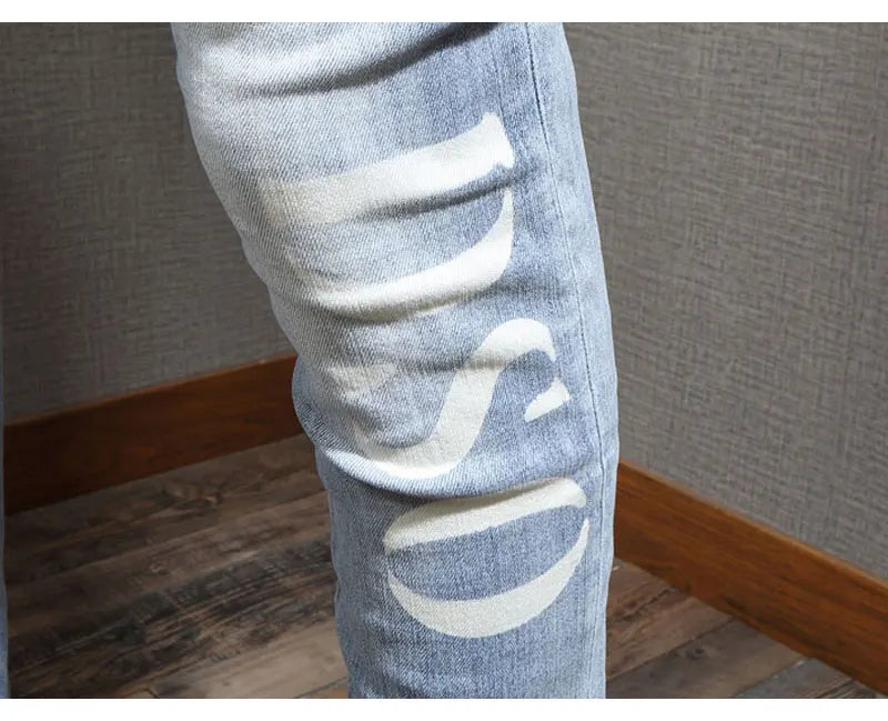 Designer Fashion New Men's Jeans Letter Printed Washed Nostalgic Stretch Slim Fit Retro Light Blue Jeans Hip Hop Brand High Qual