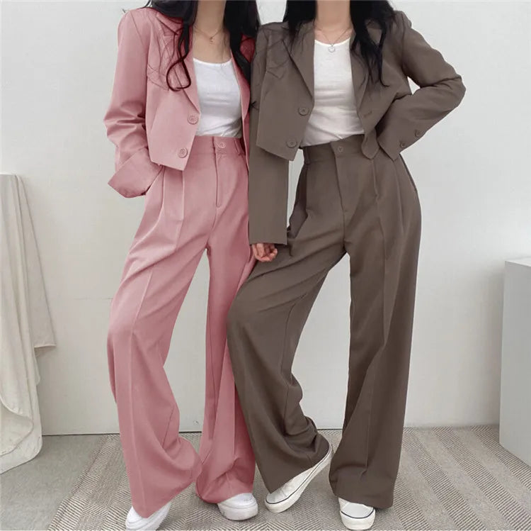 Suit Coat 2 Piece Set Women Blazer Jacket Straight Pants Ensemble Single Breasted Turn Down Collar Trousers Office Lady Outfits