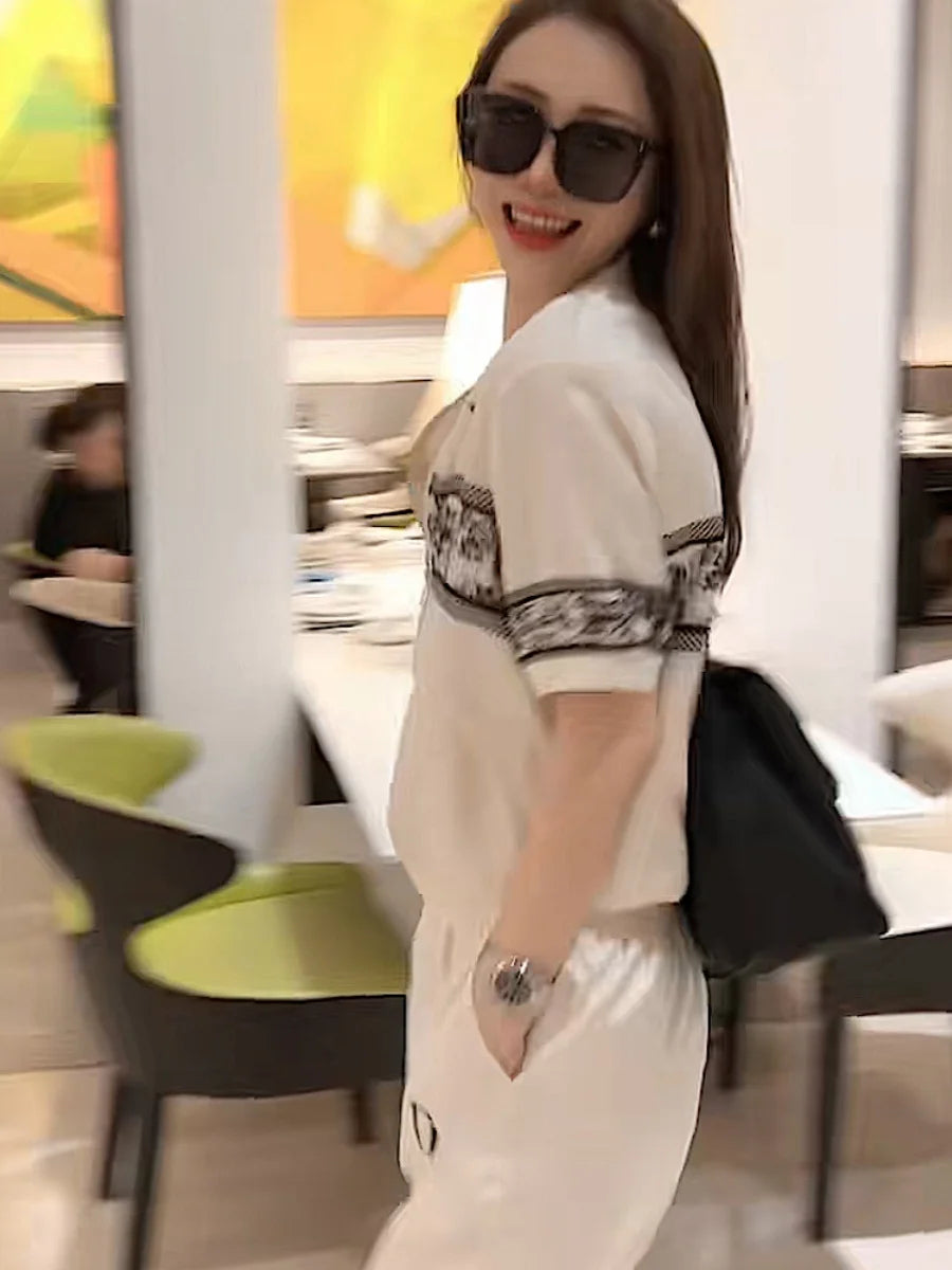 French Women Casual 2 Piece Sets Cool Ice Silk Comfortable Summer Zipper Short Sleeve Jacket Coat and Sweatpants Loose Sports