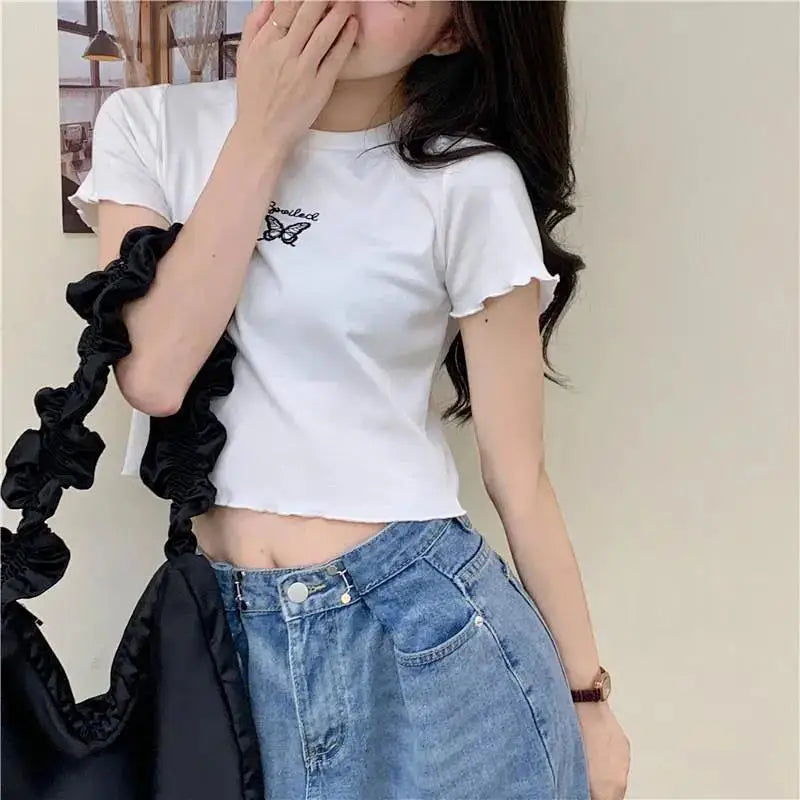 Y2K Crop Top T-shirt Women O-neck High Waist Slim Crop Top Butterfly Embroidered Short-Sleeved Tee Shirt T-shirts  Woman Clothes