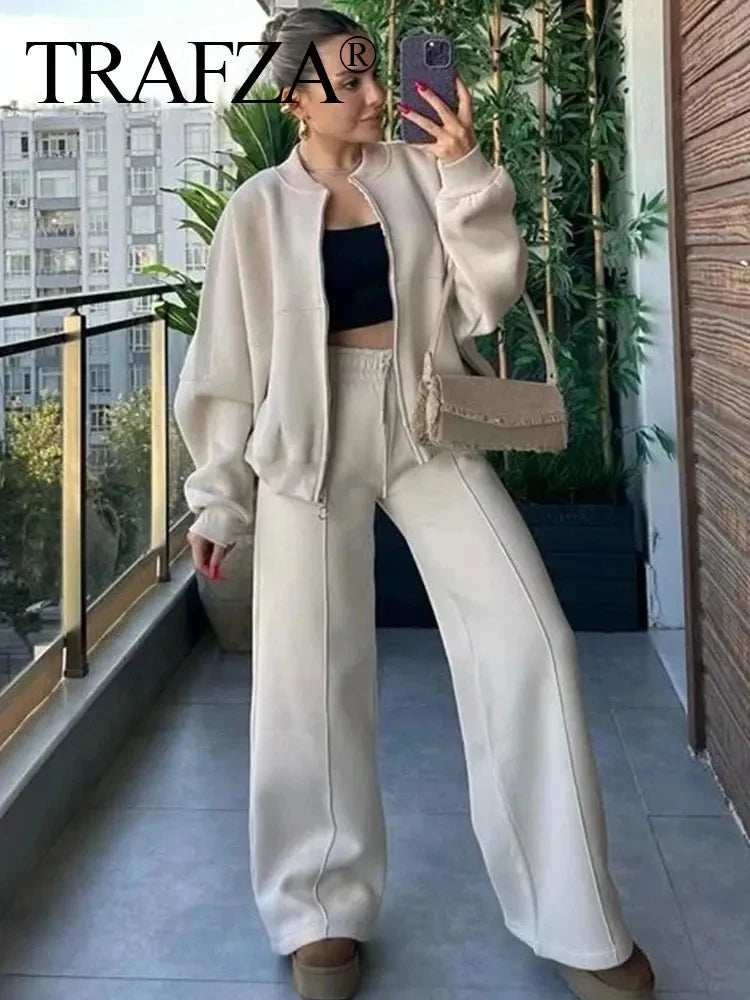 HH Bomber Jacket Pant Set For Women Casual Long Sleeve Zipper Coat Vintage Solid Sweatshirt Suit Autumn Woman Streetwear