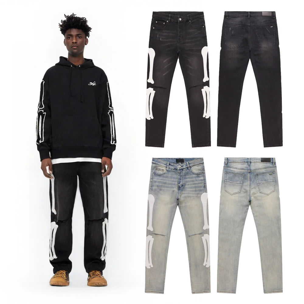 Y2k Clothes Hip-Hop Bones Embroidery Slim Fit Jeans Streetwear Ripped Rock Revivals Jeans Distressed Casual Pants Men's Clothing