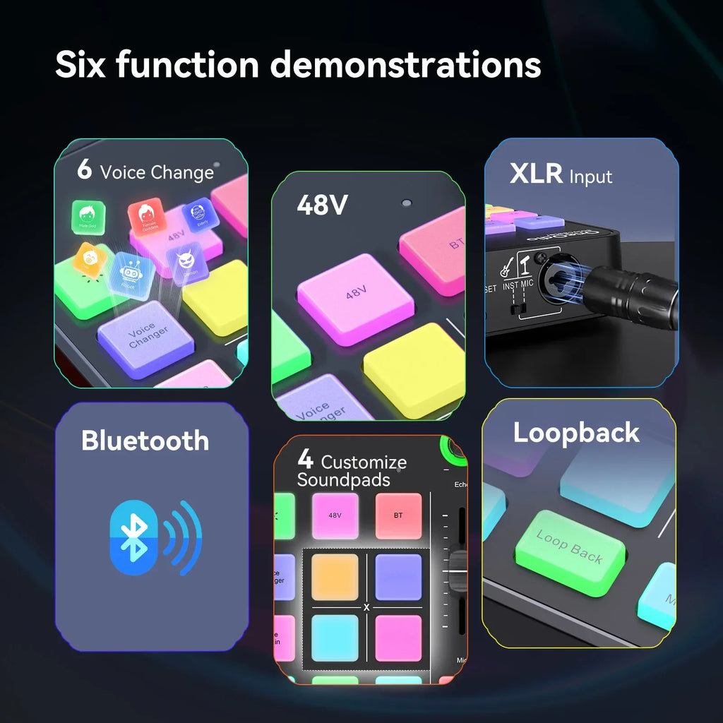 Oneodio Gaming Audio Mixer With XLR Microphone Interface 48V Phantom RGB Sound Card for Podcast/Live Streaming/PC Voice Changer