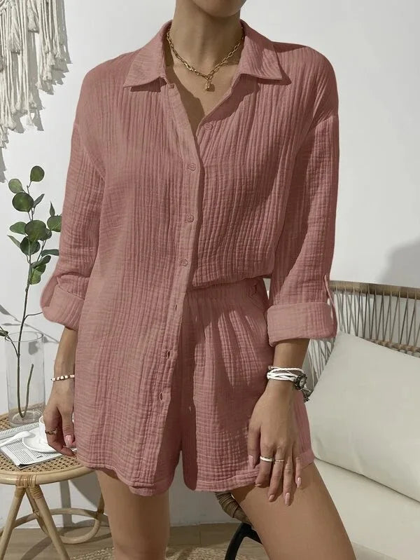 100% Cotton Gauze Muslin Sets For Women 2 Pieces Long Sleeve Shirts And Loose High Waist Mini Shorts Sets Ensemble Femme