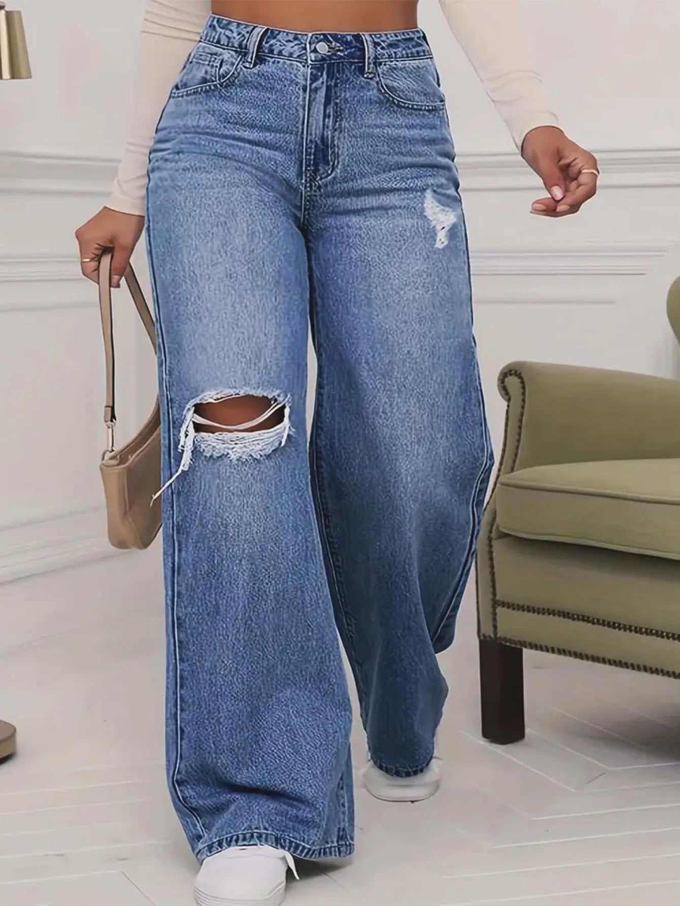 2025 New Washed Ripped Wide-leg Jeans, Fashionable and Casual High-waisted Floor-length Jeans for Women in Spring and Summer