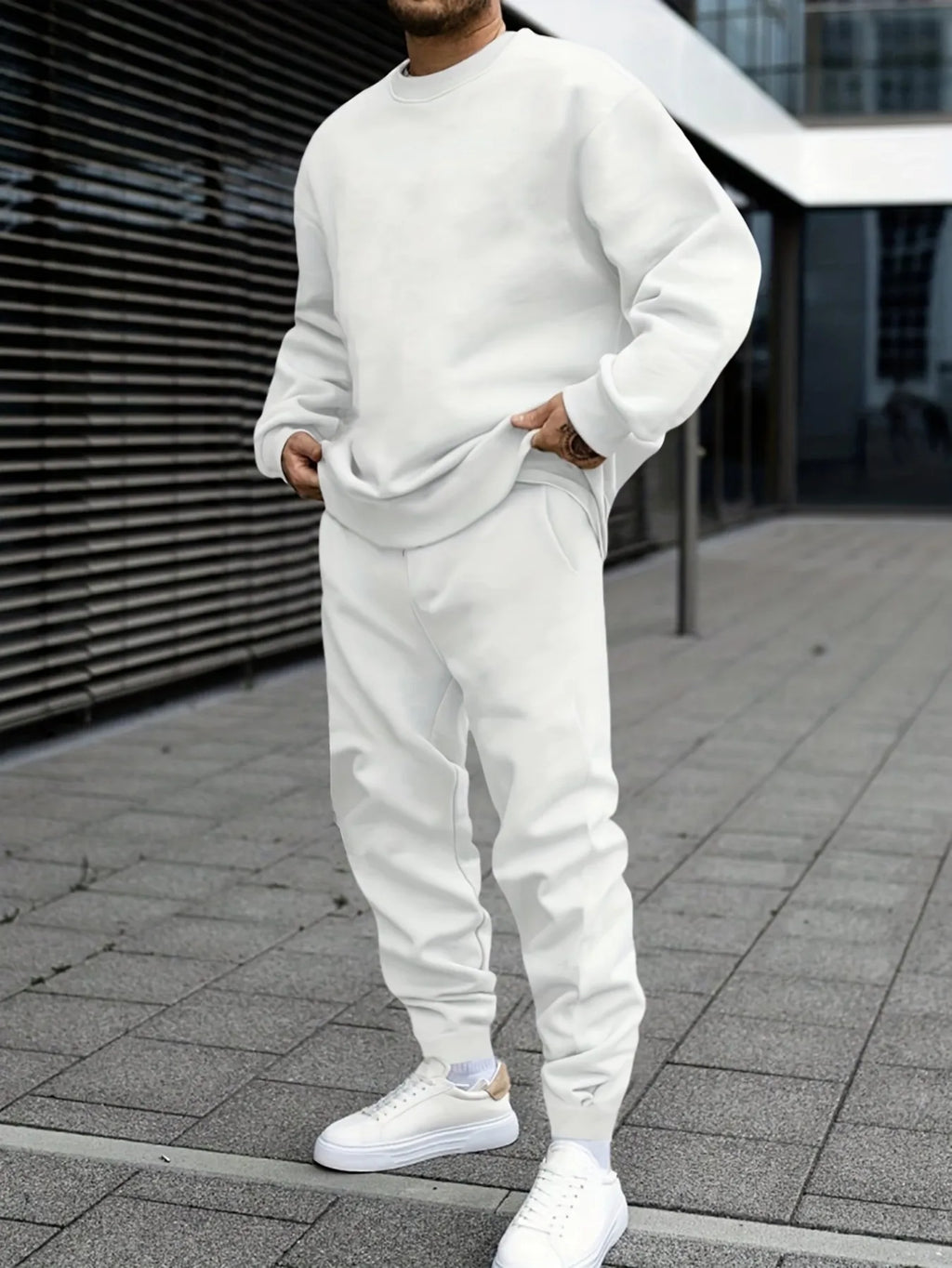 Autumn Man Sweatshirt Set Fleece Casual Solid Color Two-piece set Fashion Crewneck Sweatshirts Street Soft Sweatpants