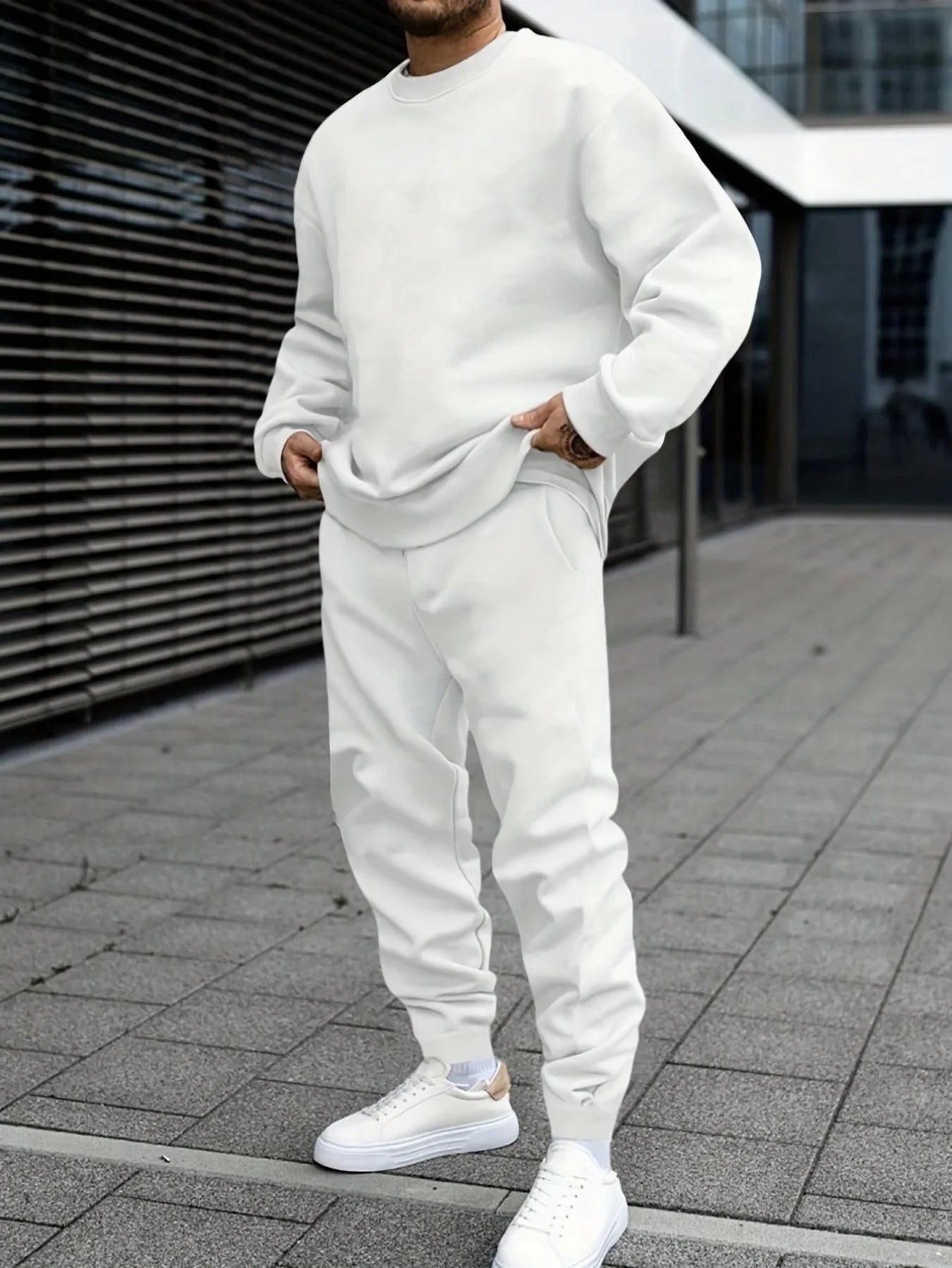 Autumn Man Sweatshirt Set Fleece Casual Solid Color Two-piece set Fashion Crewneck Sweatshirts Street Soft Sweatpants