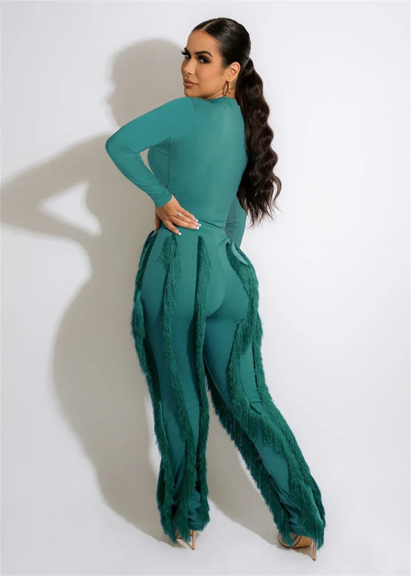 Elegant 2 Piece Sets Women Outfit 2025 Fall Winter Long Sleeve Bodysuit Top and Tassel Pants Matching Sets Ensembles Pantalons