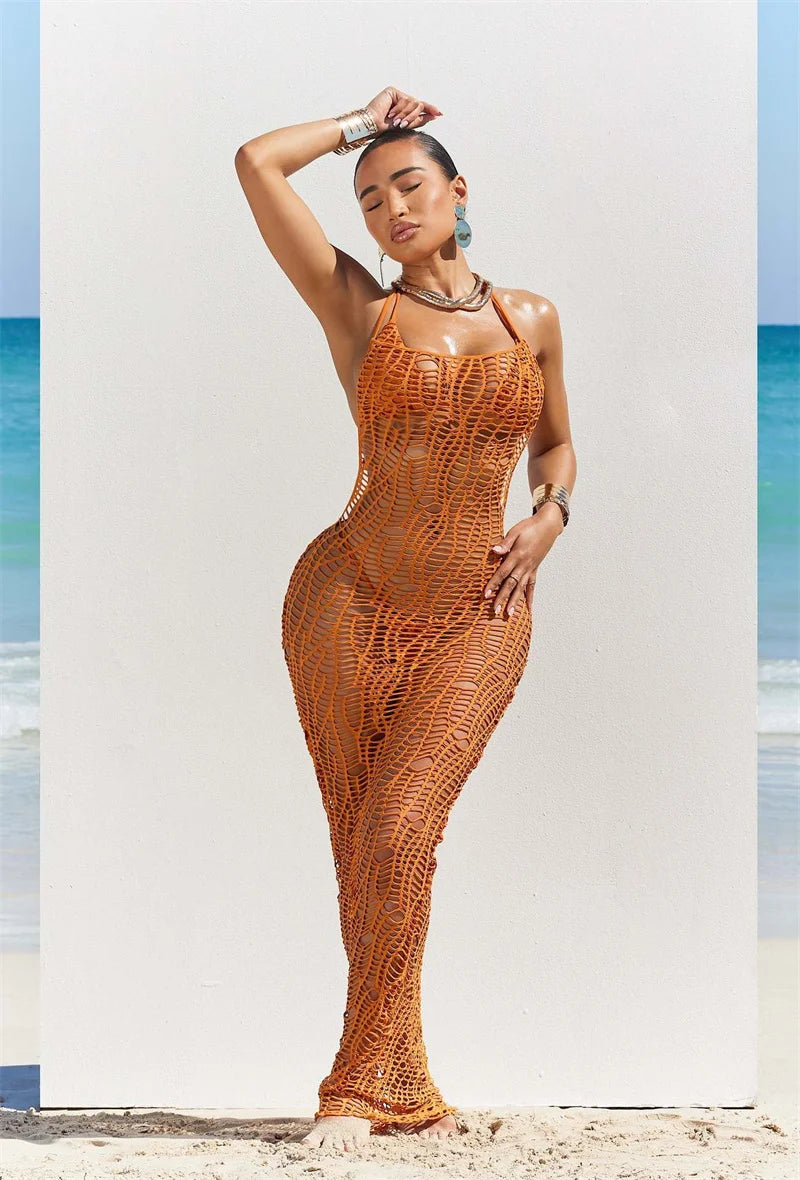 Women 3 Pieces Sexy Beach Bikini Set Backless Hollow Out Hole Knit Long Dress Cover Up+Lace Up Halter Bra Top+Underwear Swimsuit