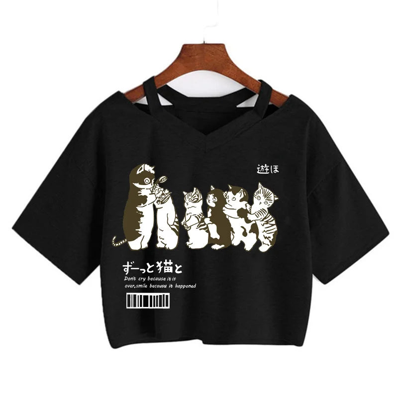 Y2k Crop Top Funny Cute Cat T Shirt Women Shirt Cropped Harajuku Graphic Ulzzang T-shirt 90s Tshirt Top Tee Female Gothic