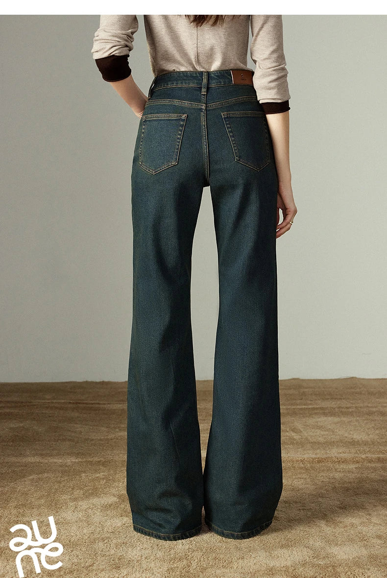 TOYOUTH Women Stretch Jeans 2025 Winter New Slightly Flared Mid-low Waist Slim Fitting Slimming Warm Fleece-lined Long Pants