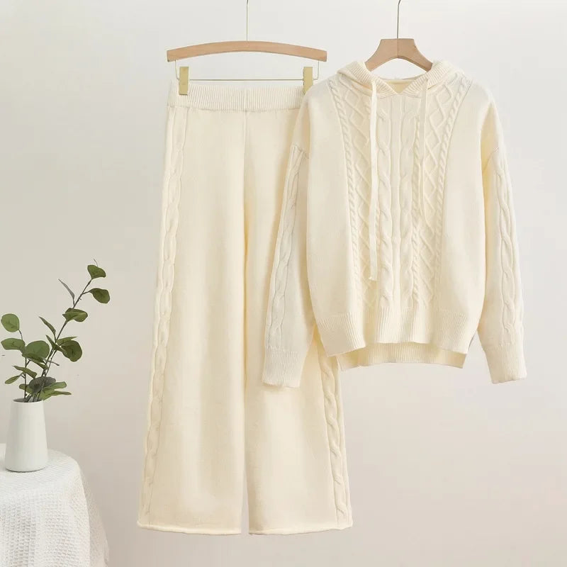 High Waist Sweatpants Outfit New Fall Winter Knitted 2 Piece Sets Women Casual Hooded Knitwears Sweater Pullover Tops Conjuntos
