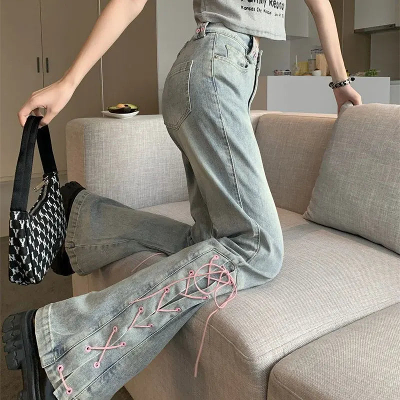 Y2k Pink Fashionable Lace-up Flared Jeans Autumn New High Waist Bootcut Denim Pants Female Clothing Korean Slim Vintage Trousers