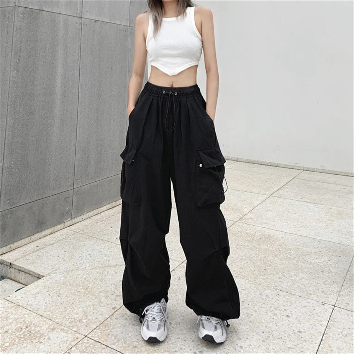 Red Big Pockets Cargo Pants Women High Waist Loose Streetwear Baggy Tactical Trouser Fashion Hip Hop Joggers Trousers Female