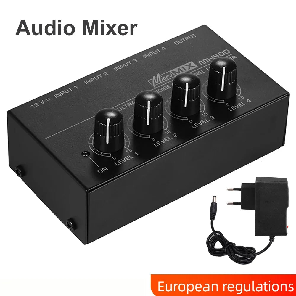 4 Channel Line Mixer Mini Sound Mixer DC 12V Easy Operation Audio Mixer Ultra Low Noise 4 Input 1 Output with Power Adapter