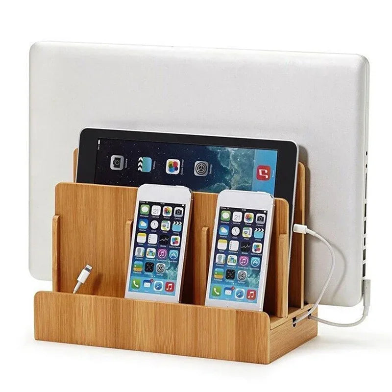 Multi-Function Natural Bamboo Charge Station Charging Dock Cradle Stand Holder Storage Box for Phones Tablet