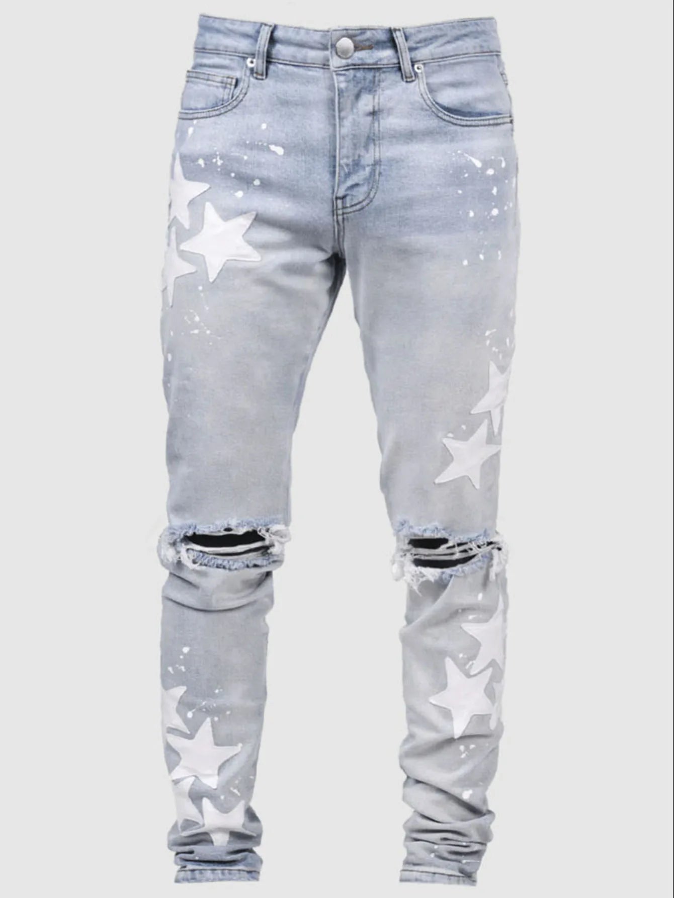 Ripped Men Jeans Denim Pant Star Mid Waist Slim Fit Vintage Wash Punk Style Skinny Pencil Pants Distressed Holes Ankle Length