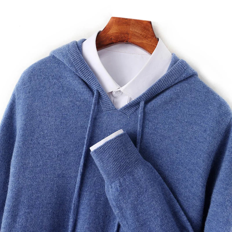 Autumn/Winter Men's Hooded Jumper 100% Merino Wool Knitted Sweatshirt Casual Large Top Long Sleeve Sweater Knitted Top