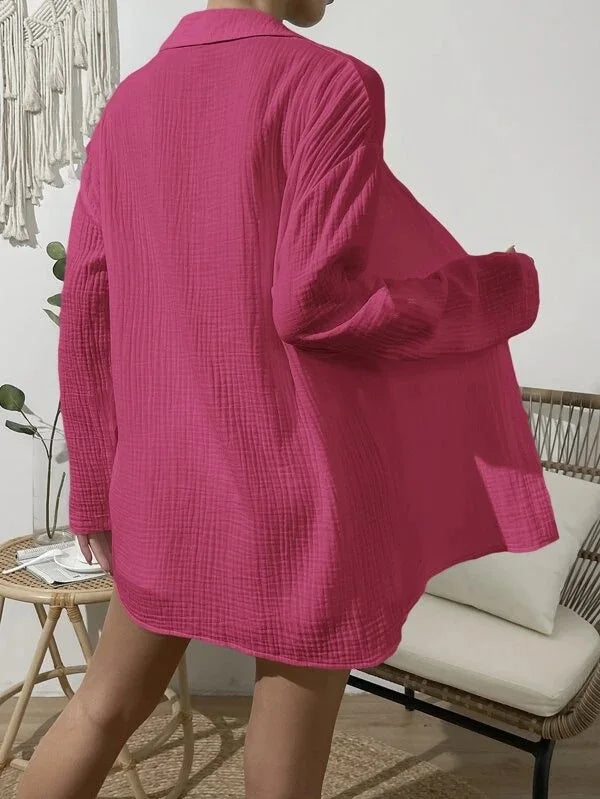 100% Cotton Gauze Muslin Sets For Women 2 Pieces Long Sleeve Shirts And Loose High Waist Mini Shorts Sets Ensemble Femme