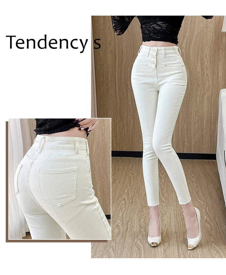 New White Skinny Jeans Woman High Waist Casual Stretch Jeans Vintage Sexy Femme Ankle Length Pencil Pants Denim Jeans