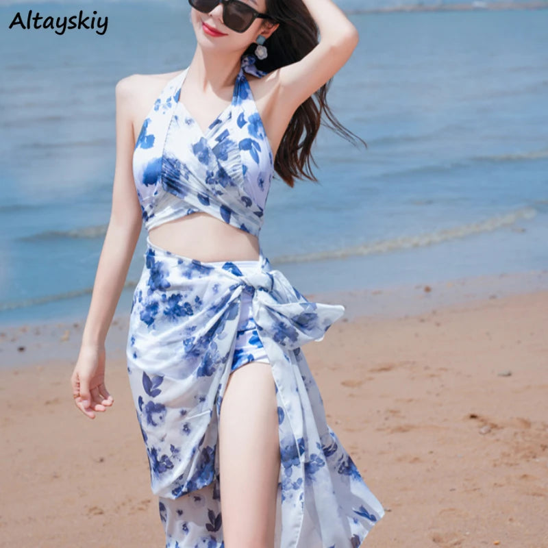 Bikini Sets Women Halter Floral Printed Three Pieces Split Swimsuit Korean Fashion Elegant Beach Style Slim Sexy Hot Girls Soft