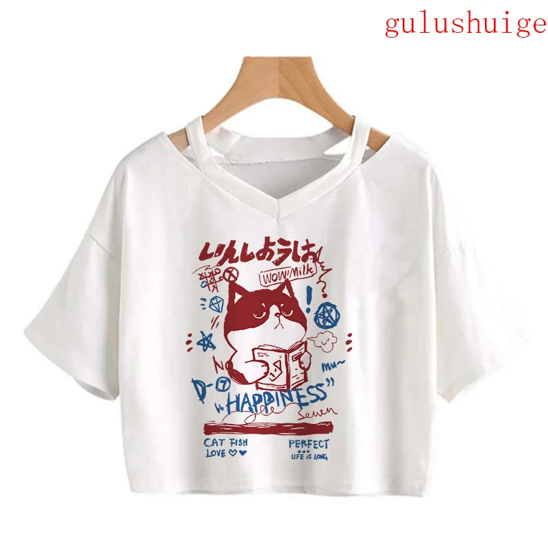 Y2k Crop Top Funny Cute Cat T Shirt Women Shirt Cropped Harajuku Graphic Ulzzang T-shirt 90s Tshirt Top Tee Female Gothic