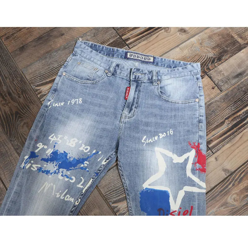 Designer Fashion New Men's Jeans Letter Printed Washed Nostalgic Stretch Slim Fit Retro Light Blue Jeans Hip Hop Brand High Qual