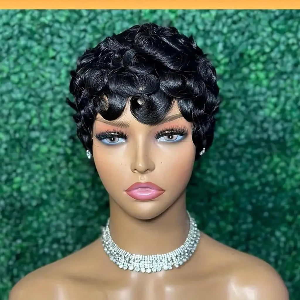 Short Curly Human Hair Wigs  Perruques Humain Pour Femme  Wig with Bangs Machine Pixie Cut Wig  Afro Kinky Curly Wig  Bob Wig