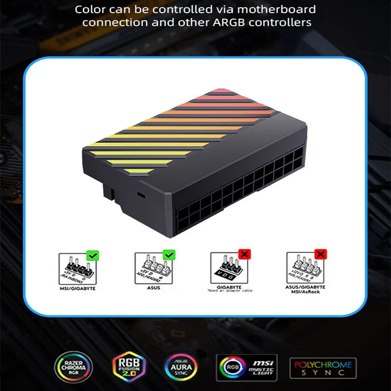 TEUCER 24P-6 ATX 24 Pin to 90 Degree Power Plug Adapter 5V/3Pin ARGB Plug Adapter Modular DIY Mounting Accessessory