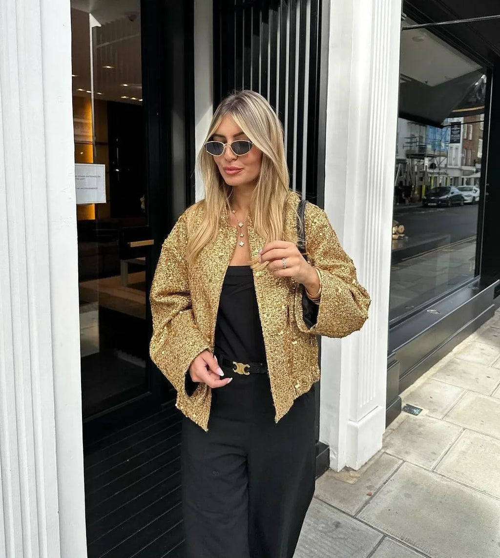 Women's Sequined Bomber Jacket Fall New Round Neck Long Sleeve Pocket Stretch Hem Sequins Jacket Coat Female Chic Outerwear