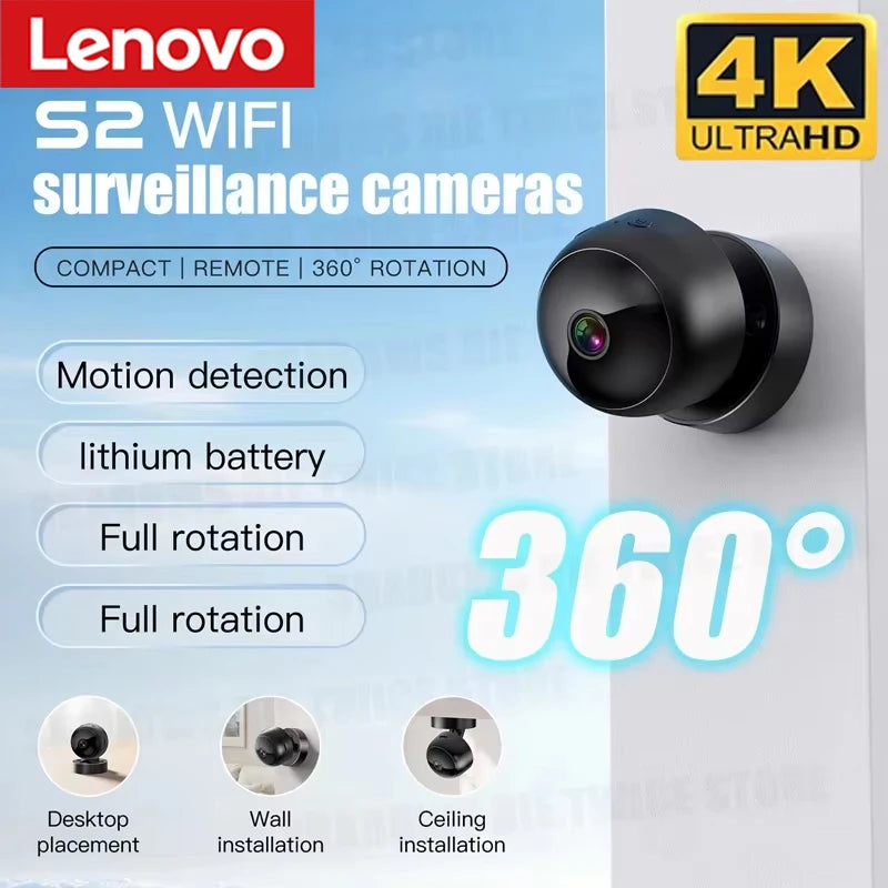 Lenovo Wireless Security Camera 360° Full Coverage View 4K WiFi HD Motion Detection Night Vision Indoor Outdoor Remote Monitor