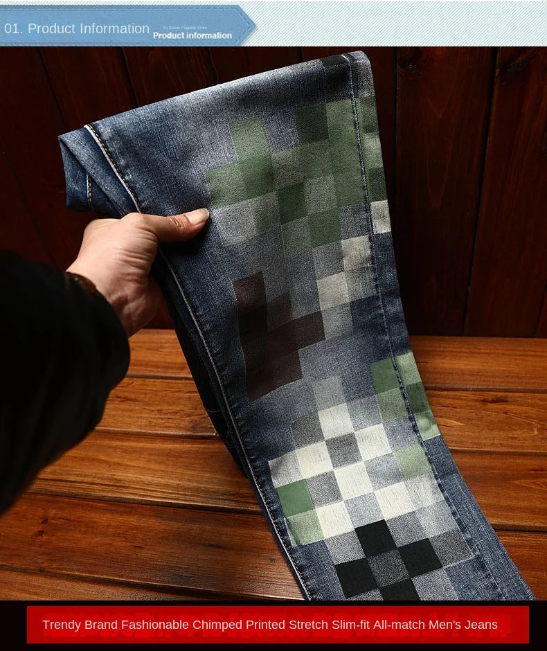 Trendy design mosaic printed jeans for men's fashionable summer thin casual and handsome elastic denim slim fit small leg pants