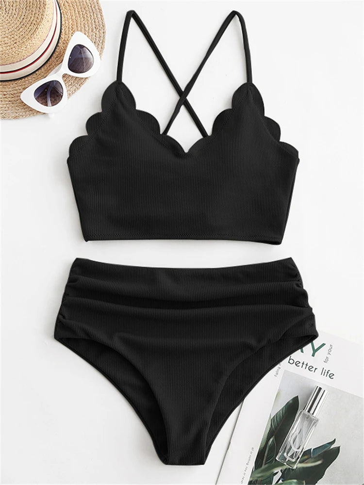 Bikini Women Swimsuit 2026 New Solid Ribbed Sling Bikinis Set Sexy High Waist Swimwear Summer 2 Piece Beach Bathing Suit Female