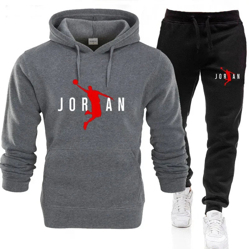 Autumn and winter new men's hooded sweatshirt casual set, outdoor fitness long-sleeved men's pullover + pants two-piece set