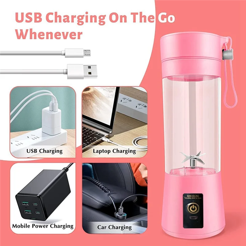A78E-Portable Blender Mini Blender for Shakes and Smoothies Rechargeable USB 380Ml Traveling Fruit Juicer Cup with 6 Blades