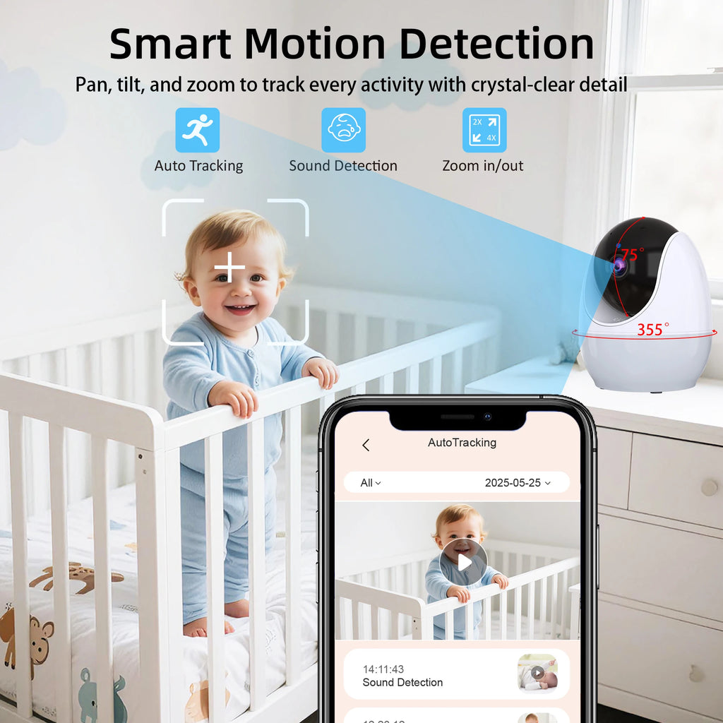 Video Baby Monitor 4.3 Inch Screen Indoor Mini Camera Night Light PTZ Auto Tracking WIFI APP View Control Pet Baby Surveillance