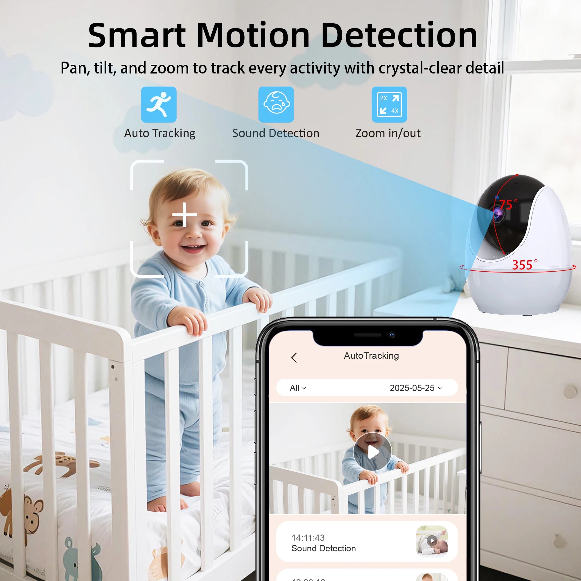 Video Baby Monitor 4.3 Inch Screen Indoor Mini Camera Night Light PTZ Auto Tracking WIFI APP View Control Pet Baby Surveillance