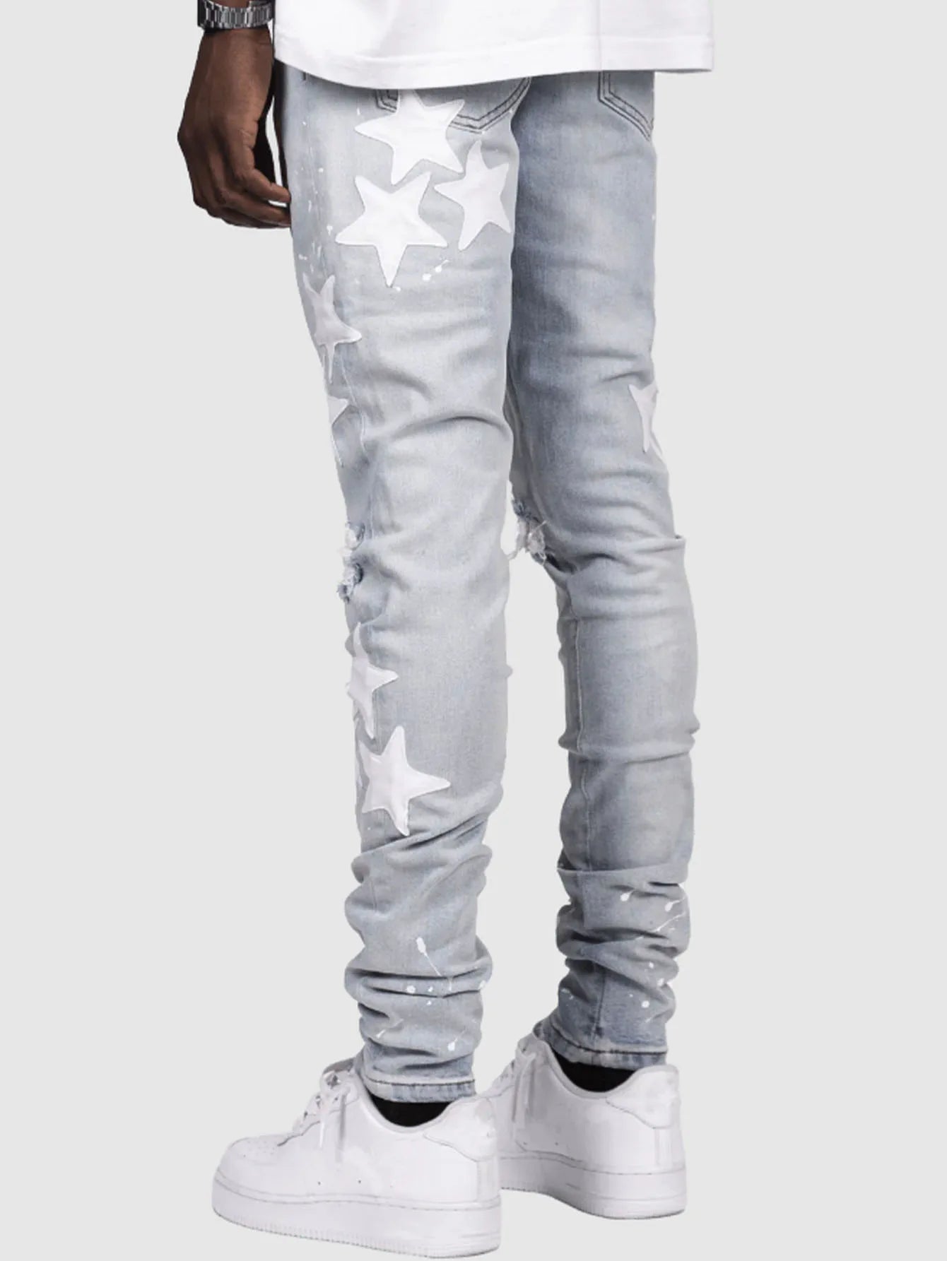 Ripped Men Jeans Denim Pant Star Mid Waist Slim Fit Vintage Wash Punk Style Skinny Pencil Pants Distressed Holes Ankle Length