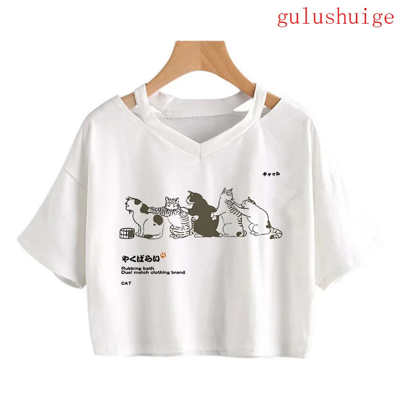 Y2k Crop Top Funny Cute Cat T Shirt Women Shirt Cropped Harajuku Graphic Ulzzang T-shirt 90s Tshirt Top Tee Female Gothic