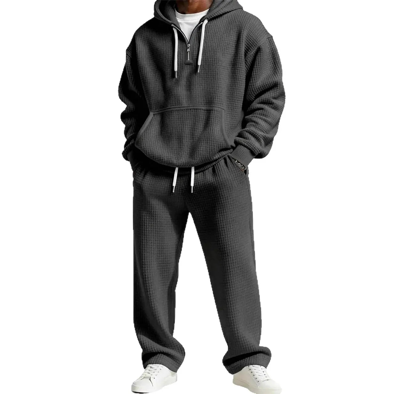 Autumn and Winter Waffle Hooded Sweatshirt Sweatpants Set 3D Printed Casual Sports Suit Men