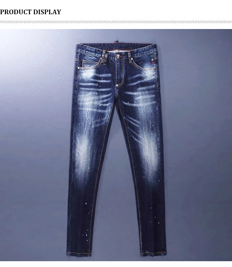 Designer Fashion Men Jeans High Quality Retro Blue Stretch Slim Fit Painted Ripped Jeans Men Brand Vintage Denim Pants Hombre