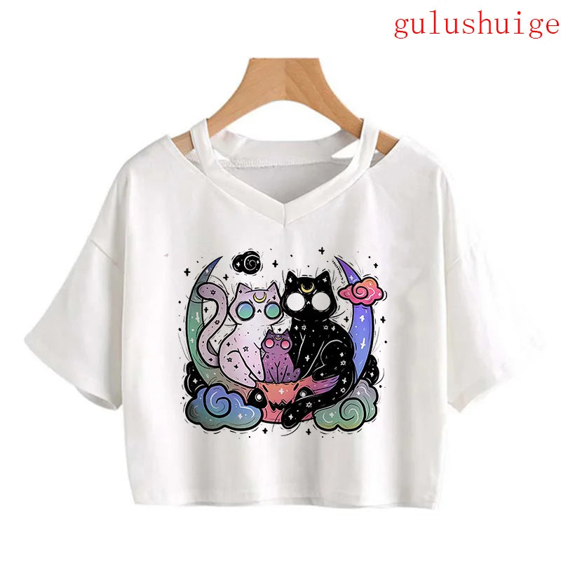 Y2k Crop Top Funny Cute Cat T Shirt Women Shirt Cropped Harajuku Graphic Ulzzang T-shirt 90s Tshirt Top Tee Female Gothic