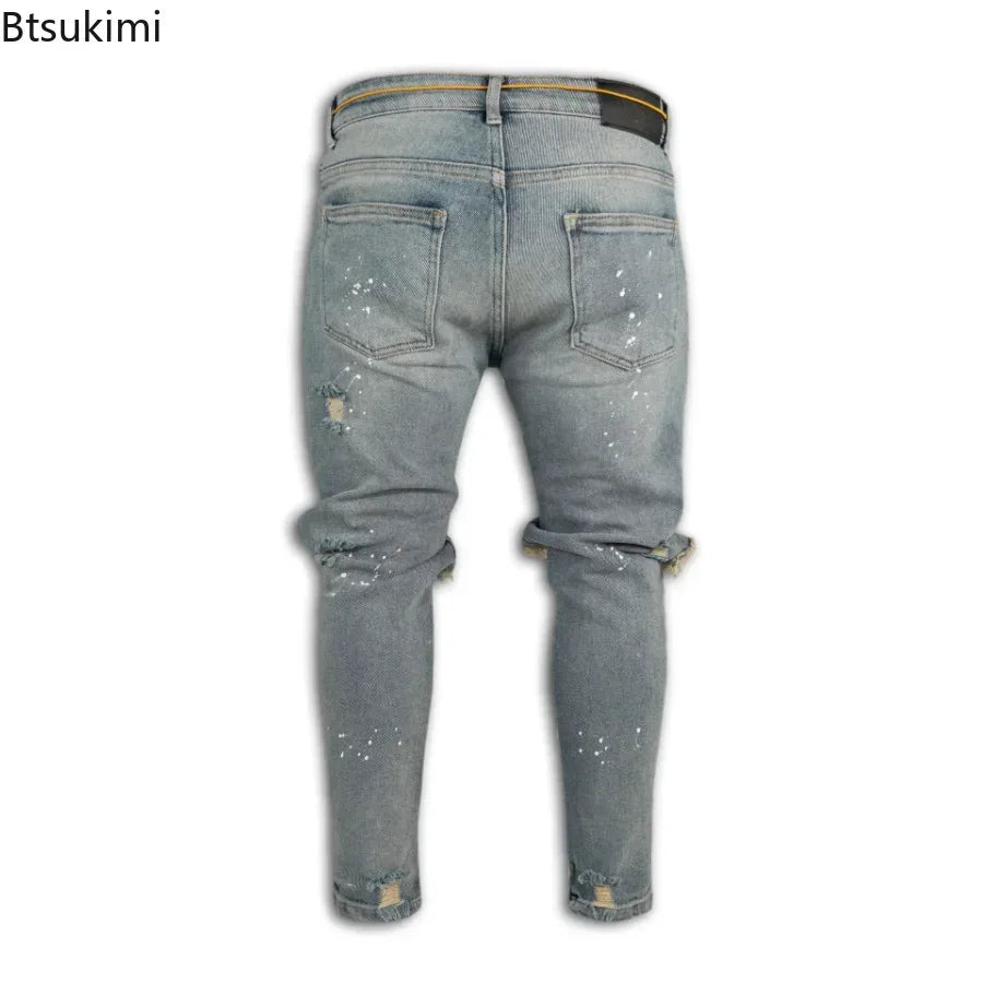New 2026 Ripped Hole Jeans for Men Hip Hop Cargo Pant Distressed Denim Jeans Skinny Men Clothing Full Length Slim Trousers Male